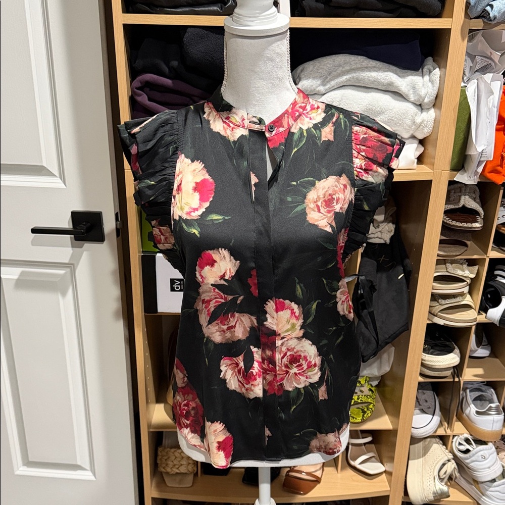 Express Black and Pink Floral Ruffle Sleeve Blouse